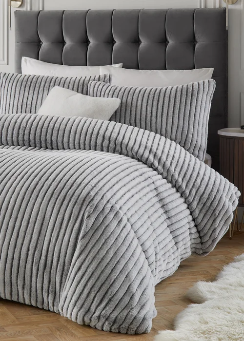 Paoletti Alpine Striped Faux Fur Grey Duvet Set - Double Image 3