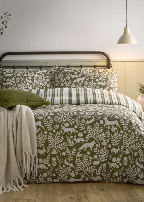 Furn Skandi Woodland Brushed Cotton Thyme Green Duvet Set - Single Image 1