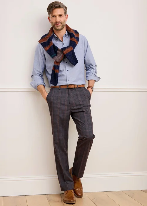 Cotton Traders Truffle Check Supreme Easy Care Trousers - 48/L27 Image 1