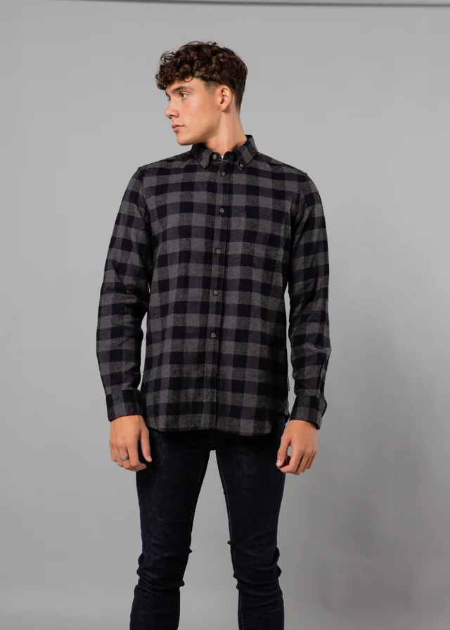 French Connection Charcoal Cotton Large Gingham Flannel Long Sleeve Shirt