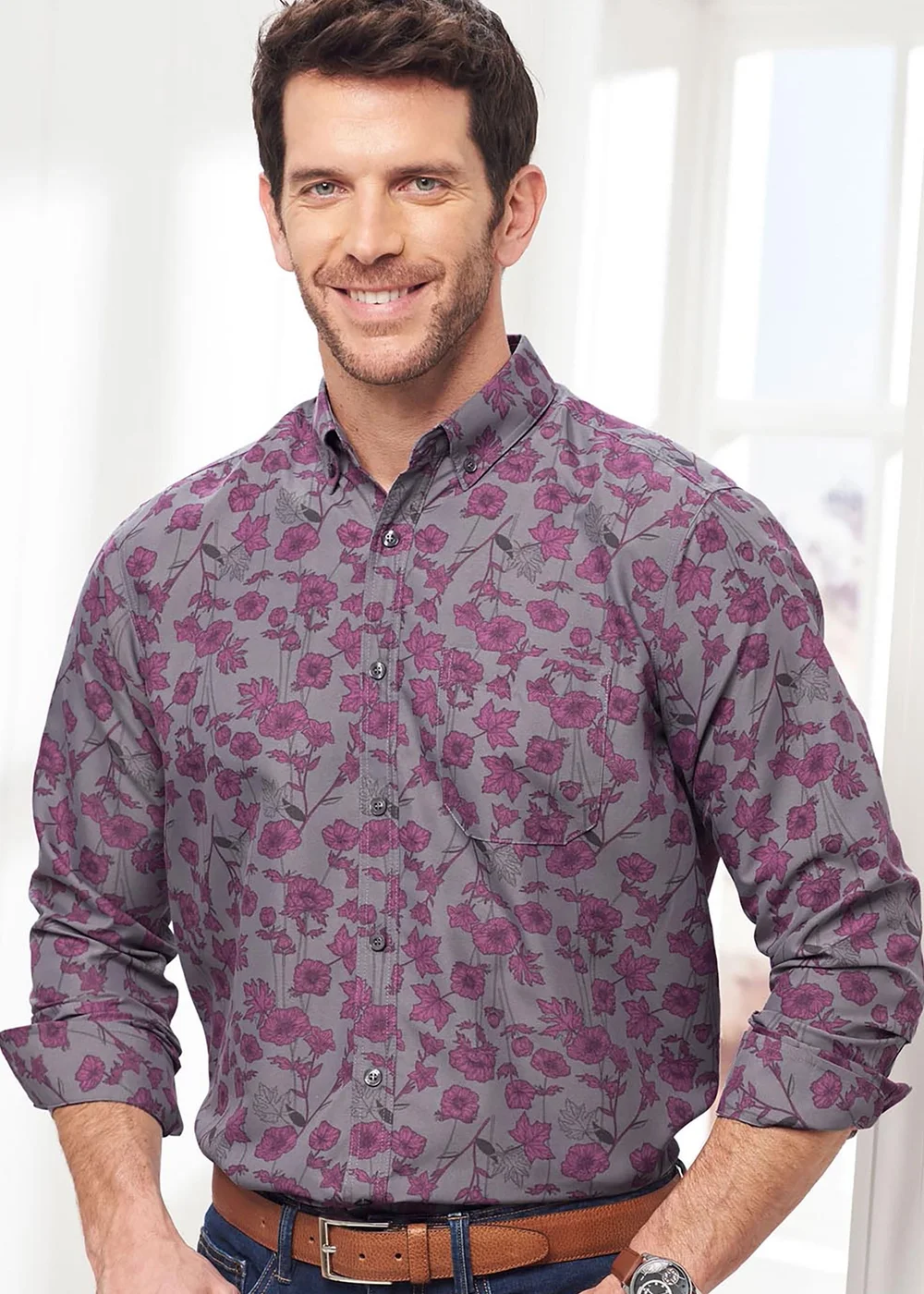 Cotton Traders Cool Grey Long Sleeve Soft Touch Print Shirt - Medium Image 1