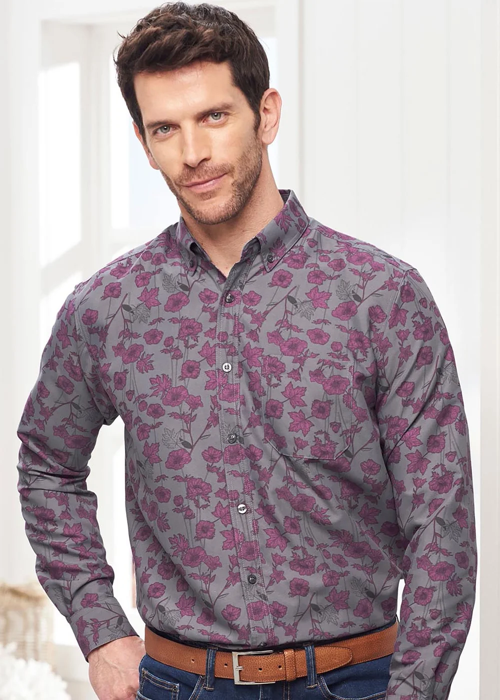 Cotton Traders Cool Grey Long Sleeve Soft Touch Print Shirt - Medium Image 2