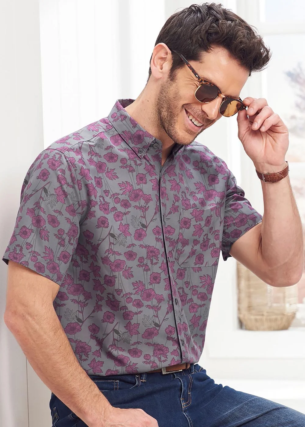 Cotton Traders Cool Grey Short Sleeve Soft Touch Print Shirt - Large Image 2