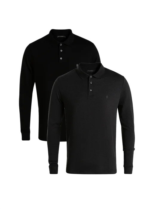 French Connection Black Cotton Long Sleeve Polo Shirts 2 Pack - Extra Large Image 1