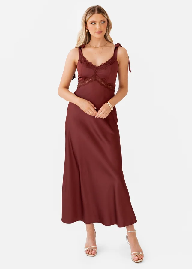 Maya Deluxe Brown Tie-Shoulder Strappy Satin Midaxi Dress