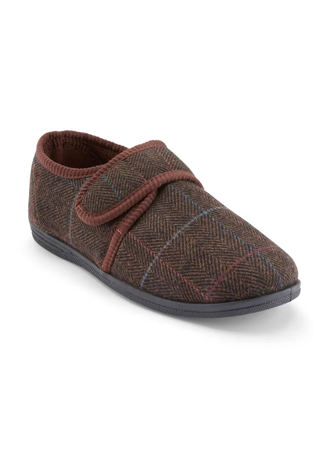 Cotton Traders Brown Adjustable Check Slippers