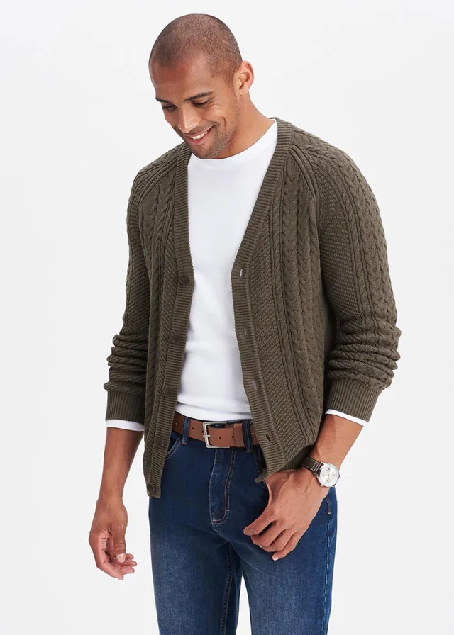Cotton Traders Dark Khaki Cotton Textured Cable Button Through Cardigan