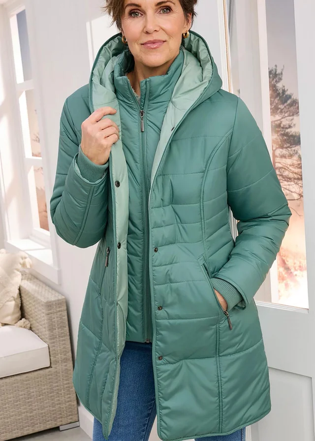 Cotton Traders Washed Jade Padded Hooded Jacket