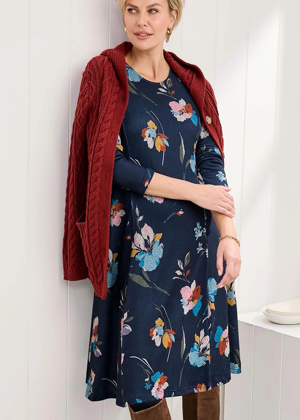 Cotton Traders Navy Soft Touch Jersey Knee Length Swing Dress - 10 Image 1