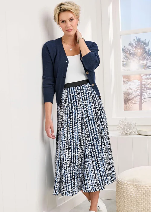 Cotton Traders Navy Printed Pull On Midi Skirt - Size 14-16 Image 1
