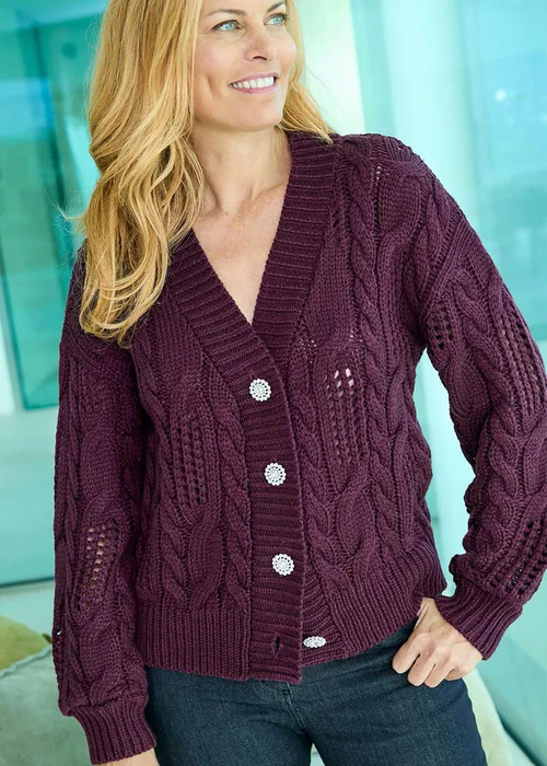 Cotton Traders Bordeaux Jewel Button Cable Cardigan - Size 16 Clothing Image 2