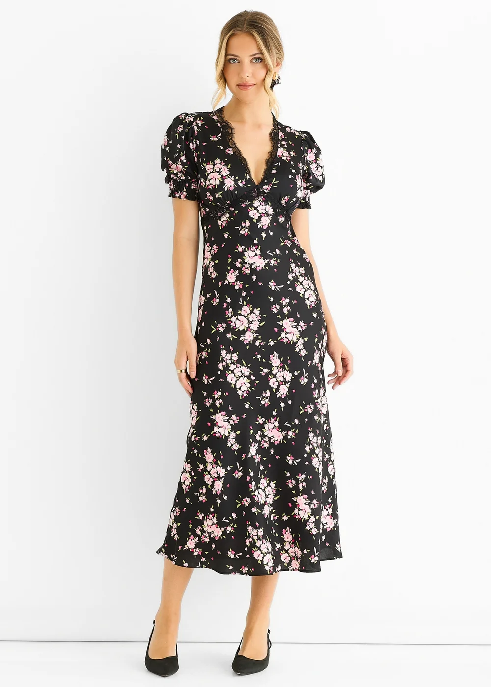 Gini London Black Floral Lace Trim Bias Midi Dress - 8 Image 1