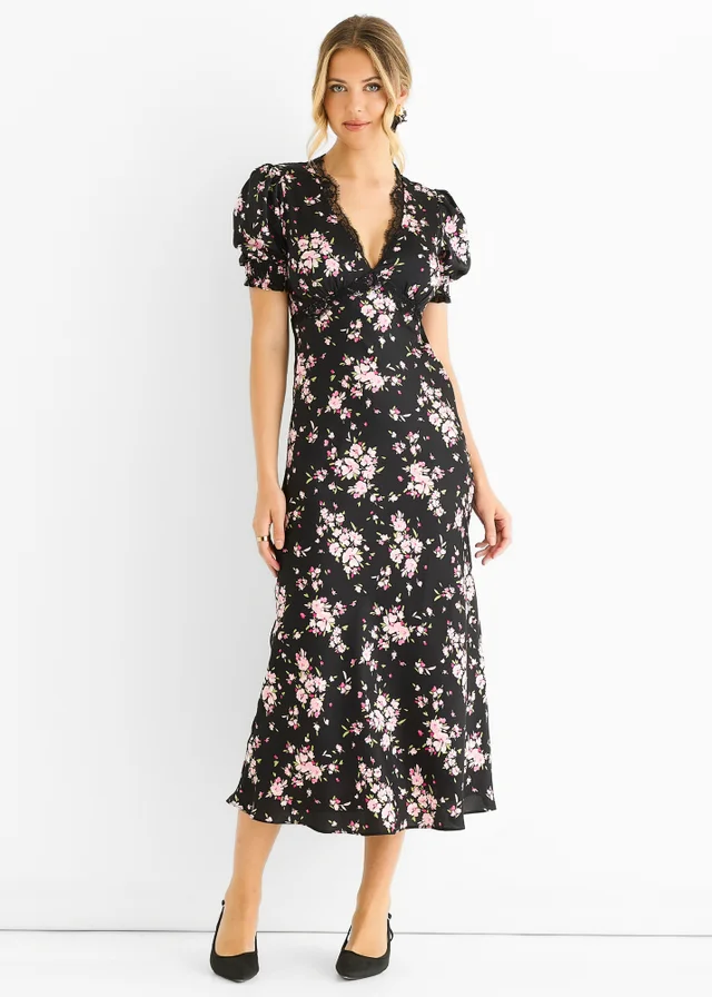 Gini London Black Floral Lace Trim Bias Midi Dress