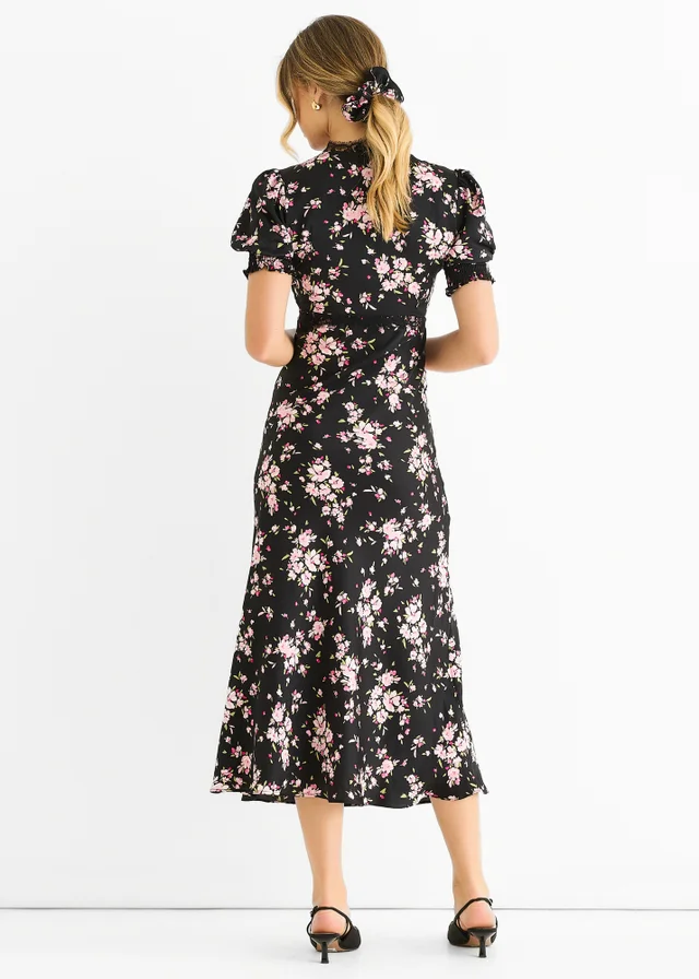 Gini London Black Floral Lace Trim Bias Midi Dress