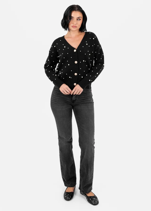 Lovedrobe Pearl Embellished Black Cardigan