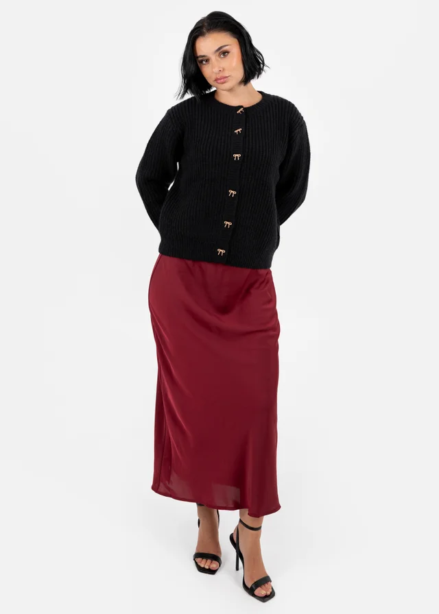 Lovedrobe Bow Button Round Neck Black Cardigan