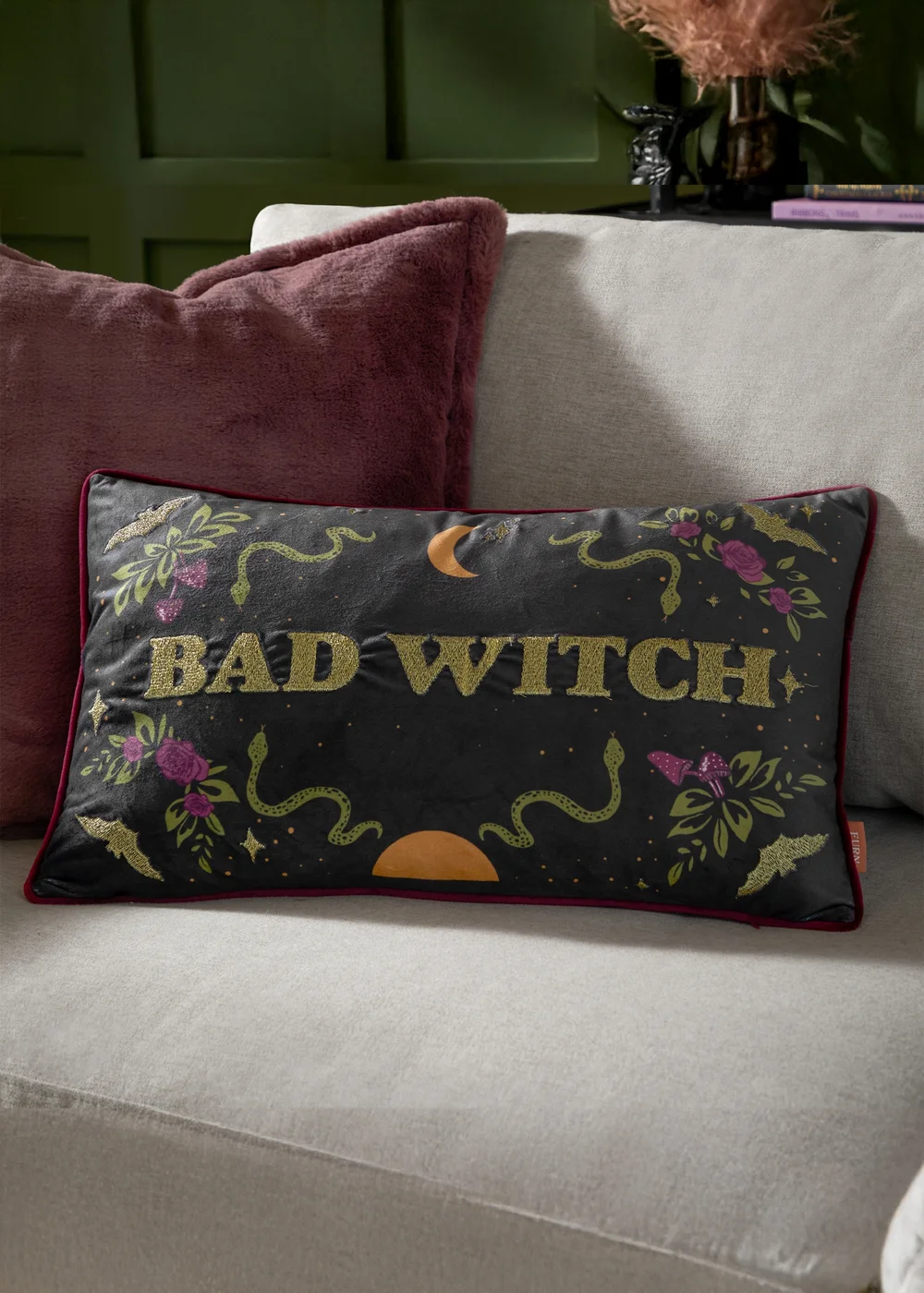 Furn Bad Witch Embroidered Velvet Black Magic Cushion - 30 x 50cm Image 1