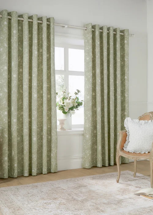 Wylder Nature Bella Floral Lined Sage Eyelet Curtain Pair - 46W X 54D (117x137cm Image 2