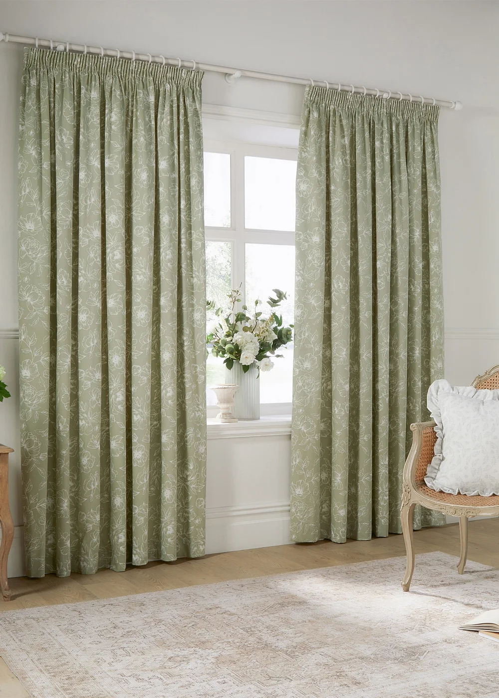 Wylder Nature Bella Floral Lined Sage Pencil Pleat Curtain Pair - 46W X 54D (117x137cm Image 2
