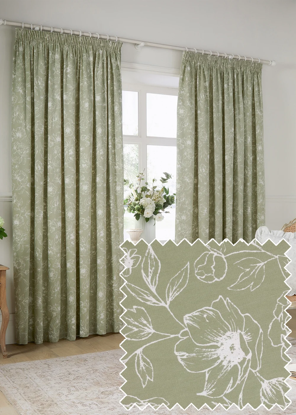 Wylder Nature Bella Floral Lined Sage Pencil Pleat Curtain Pair - 46W X 54D (117x137cm Image 1