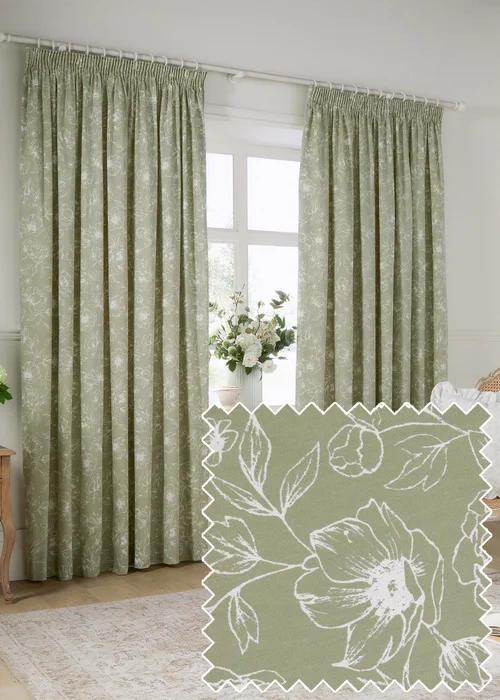 Wylder Nature Bella Floral Lined Sage Pencil Pleat Curtain Pair - 46W X 54D (117x137cm Image 1