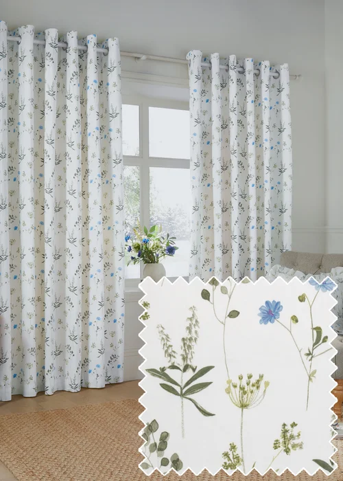 Wylder Nature Meadow 100% Cotton Lined White Eyelet Curtain Pair - 46W X 54D (117x137cm Image 1