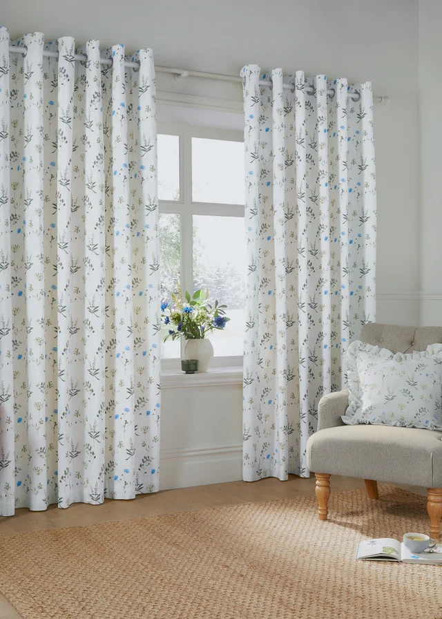 Wylder Nature Meadow 100% Cotton Lined White Eyelet Curtain Pair