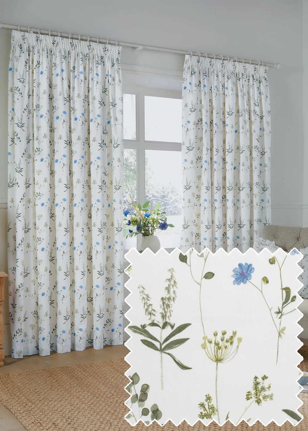 Wylder Nature Meadow 100% Cotton Lined White Pencil Pleat Curtain Pair - 66W X 54D (168x137cm) Image 1