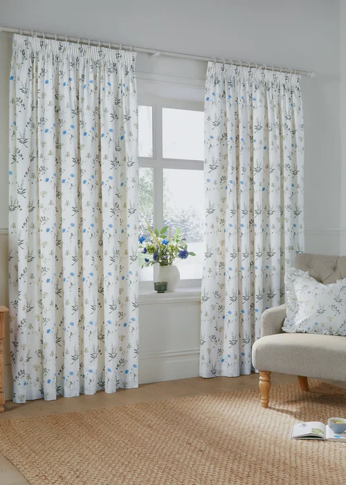 Wylder Nature Meadow 100% Cotton Lined White Pencil Pleat Curtain Pair - 66W X 54D (168x137cm) Image 2
