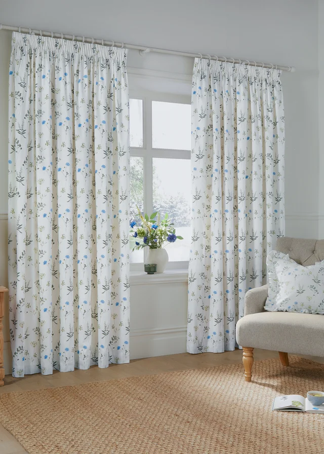 Wylder Nature Meadow 100% Cotton Lined White Pencil Pleat Curtain Pair