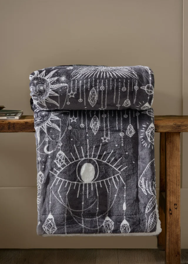 Furn Constellation Printed Sherpa Fleece Charcoal Cream Throw