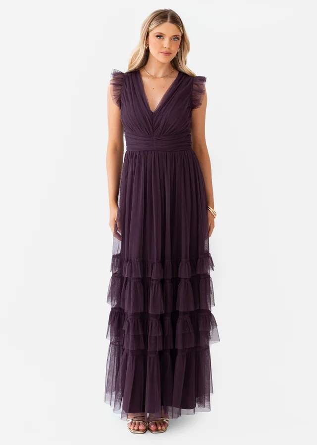 Anaya With Love Fig Flutter Sleeve Ruffle Maxi Dress