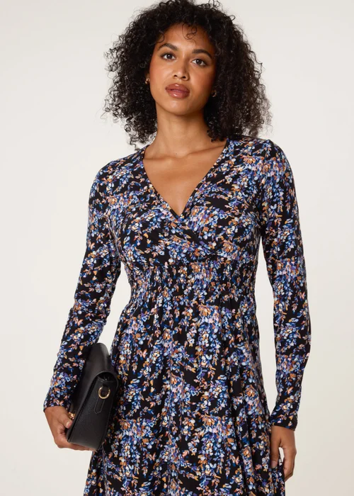 Blue Vanilla Black Floral V Neck Wrap Long Sleeve Midi Dress - M/L Image 2
