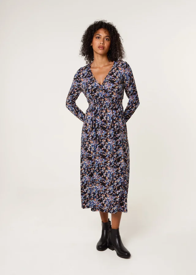 Blue Vanilla Black Floral V Neck Wrap Long Sleeve Midi Dress