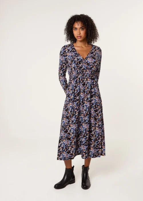 Blue Vanilla Black Floral V Neck Wrap Long Sleeve Midi Dress - M/L Image 3