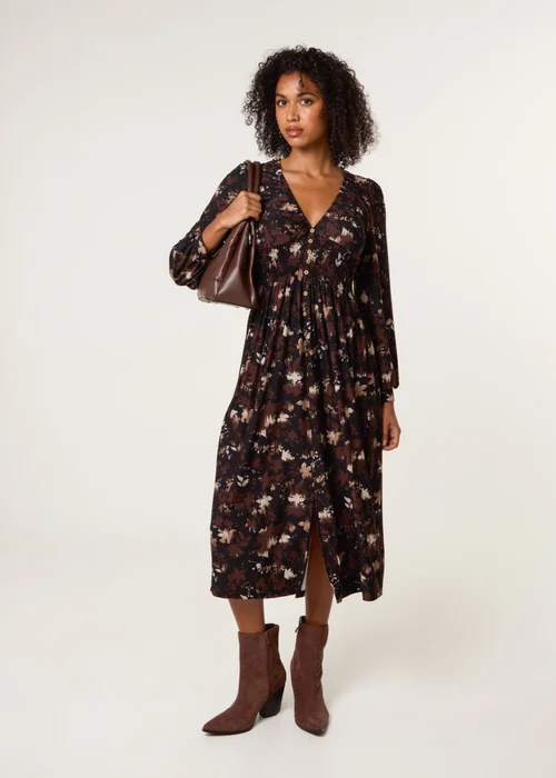 Blue Vanilla Brown Button Front Midi Dress - S/M Image 1