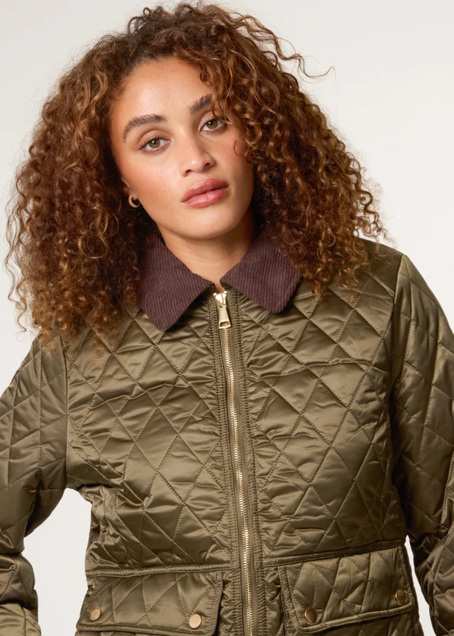 Blue Vanilla Khaki Diamond Quilted Cord Collar Coat