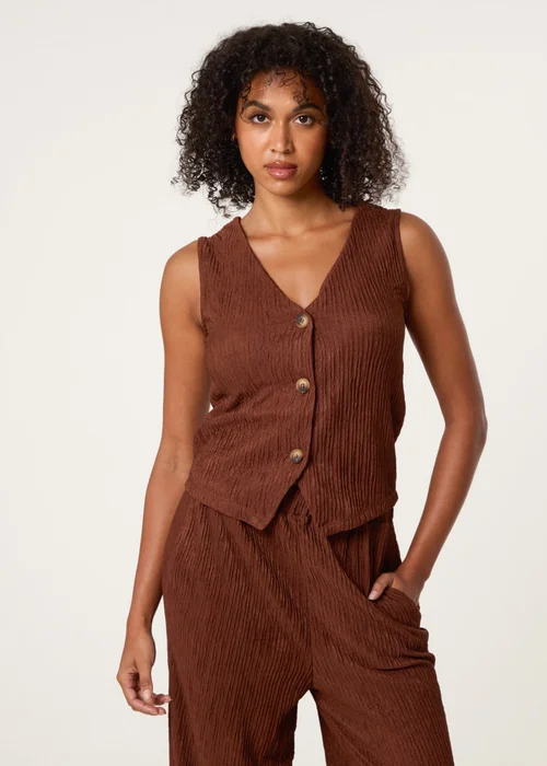 Blue Vanilla Brown Crinkle Button Front Waistcoat - Medium Image 1