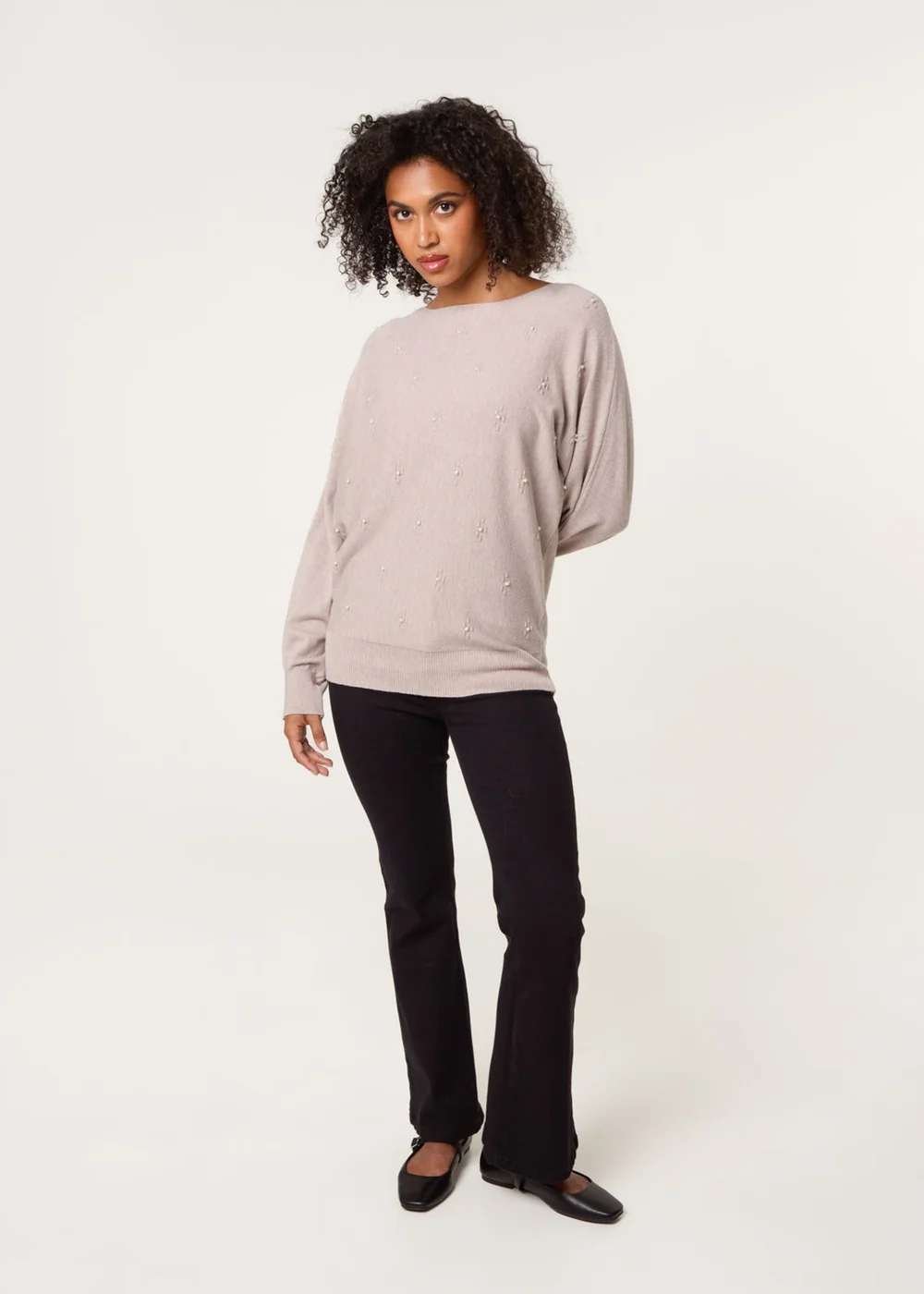 Blue Vanilla Beige Pearl Flower Detailed Soft Touch Jumper - L/XL Image 3