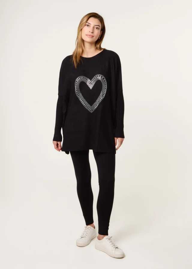 Blue Vanilla Black Heart Diamante Oversized Jumper