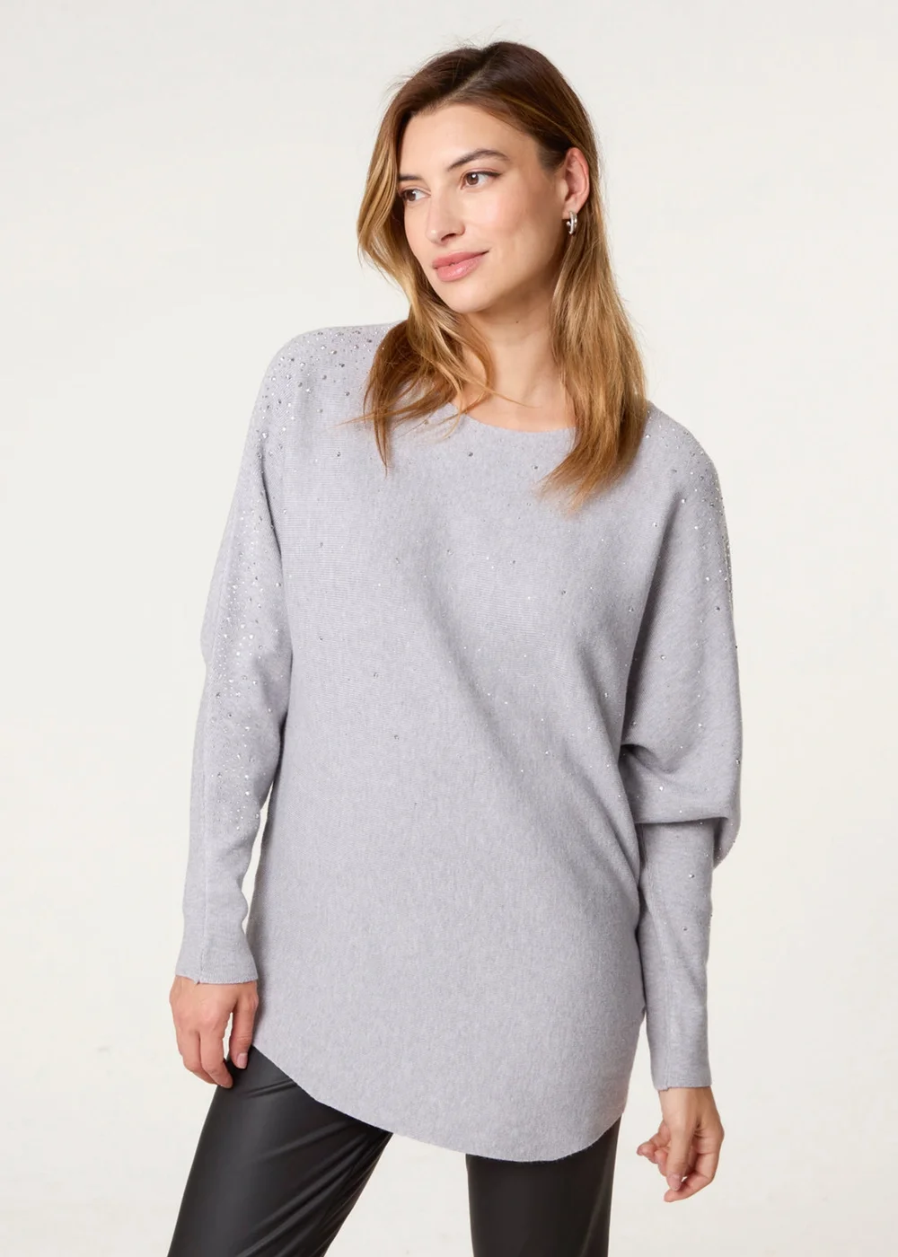 Blue Vanilla Grey Long Sleeve Diamante Detailed Batwing Jumper - Medium/Large Image 1