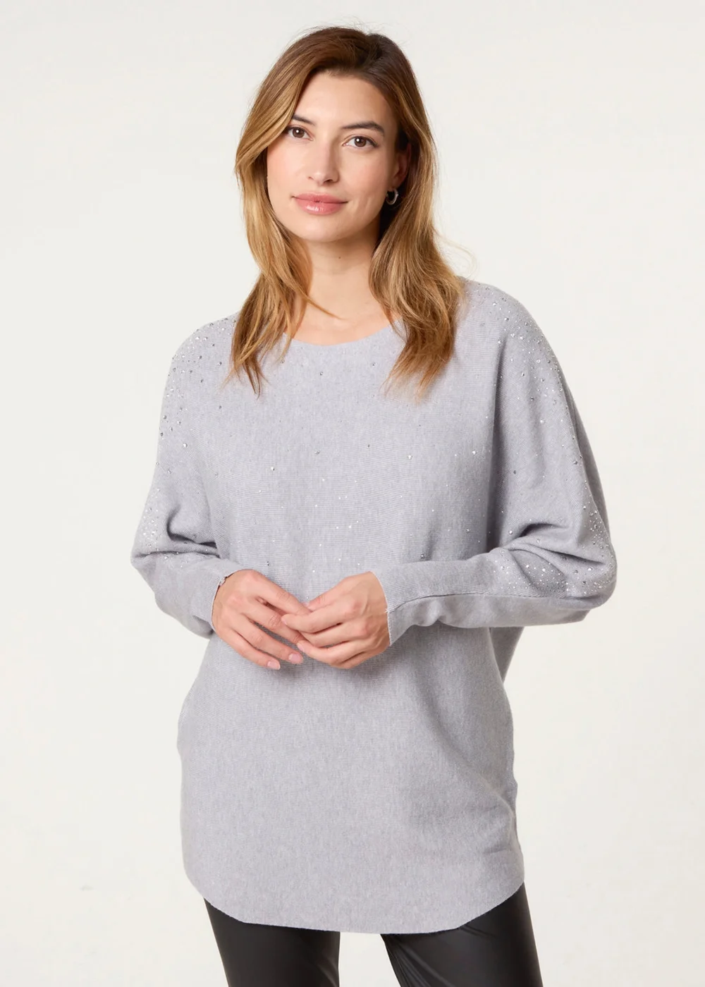 Blue Vanilla Grey Long Sleeve Diamante Detailed Batwing Jumper - M/L Image 3