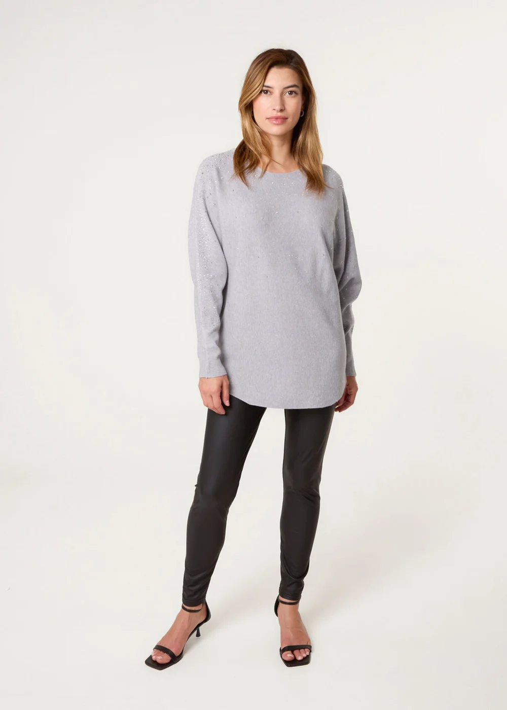 Blue Vanilla Grey Long Sleeve Diamante Detailed Batwing Jumper - M/L Image 4