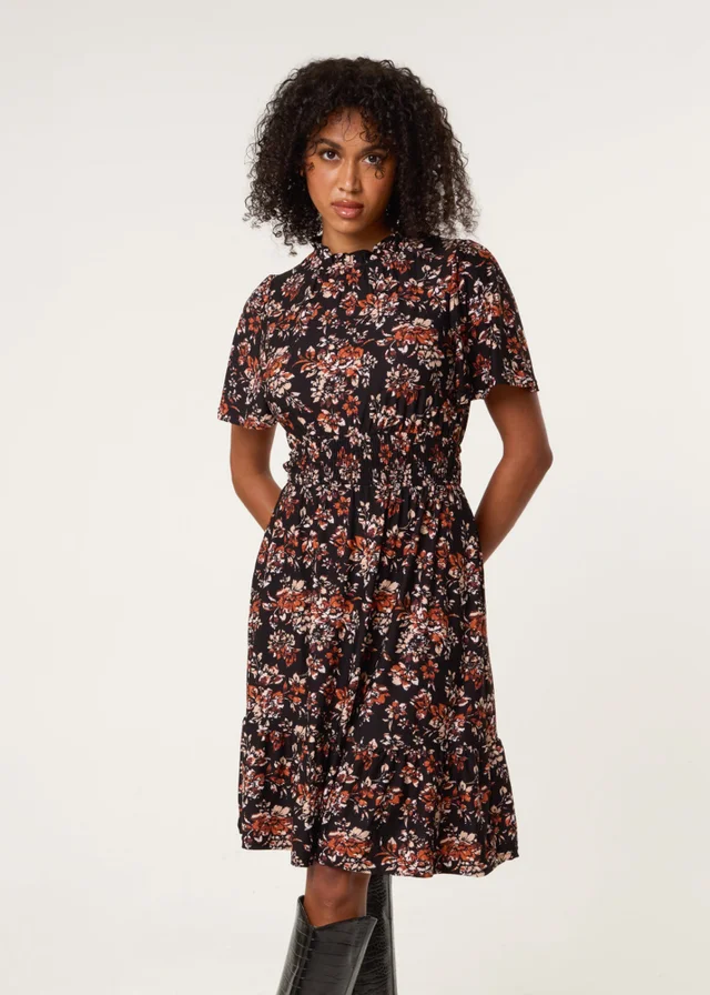 Blue Vanilla Black Frill Neck Shirred Waist Mini Dress