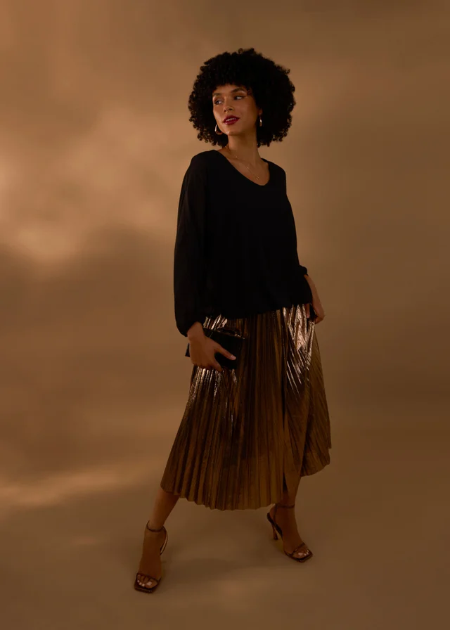 Blue Vanilla Tan Metallic Pleated Tulle Skirt