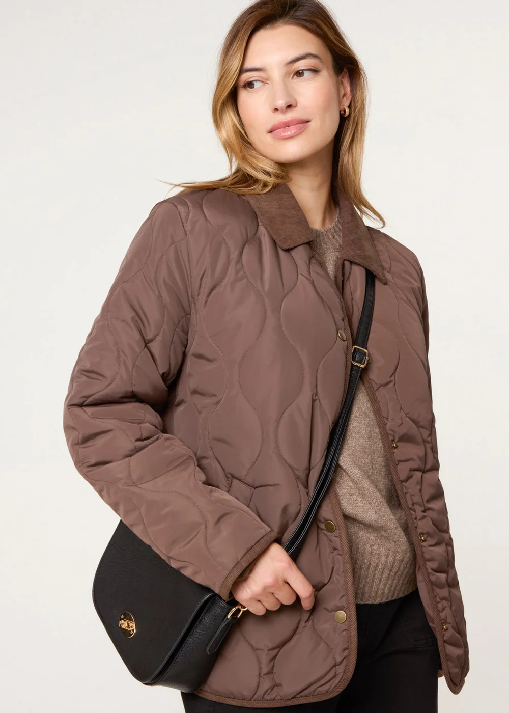 Blue Vanilla Brown Quilted Cord Collar Coat - L Image 1