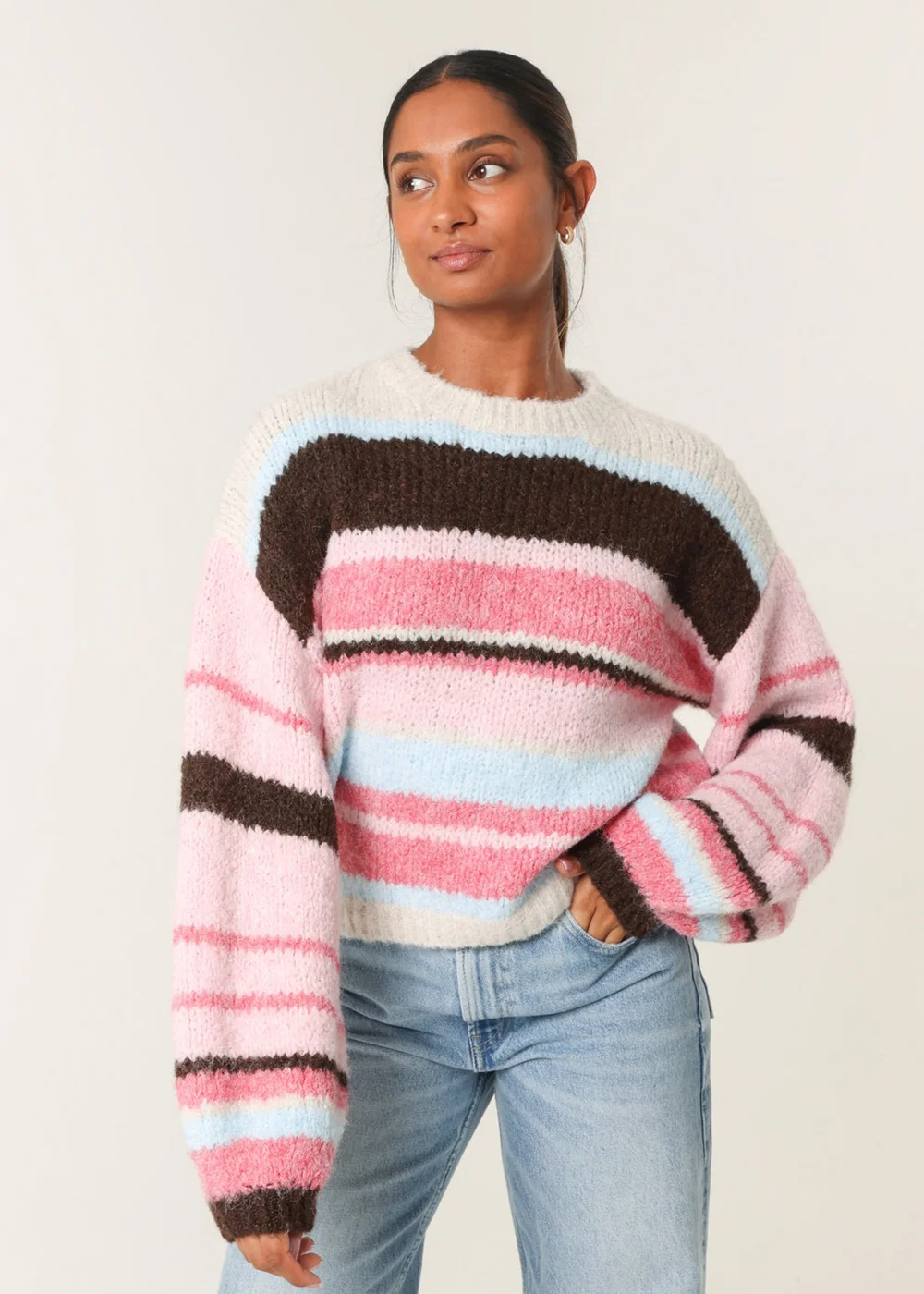 Blue Vanilla Pink Colourful Block Horizontal Stripes Jumper - Medium/Large Image 1