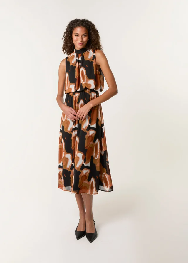 Blue Vanilla Red Sleeveless Puffball High Neck Printed Dress