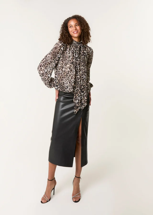 Blue Vanilla Brown Leopard Print Tie Neck Puffball Top