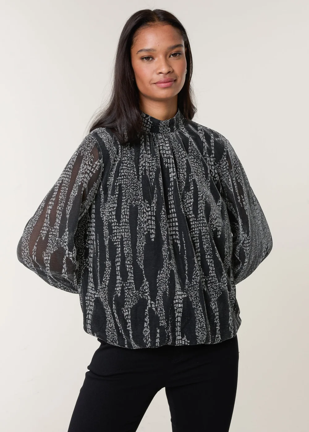 Blue Vanilla Silver Snake High Neck Puff Ball Blouse - S Image 3